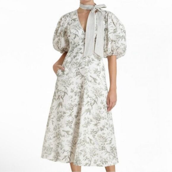 Zimmermann Dresses & Skirts - Zimmermann Linen Day Midi Dress Puff Sleeve Pockets Olive Green Toile Floral 6